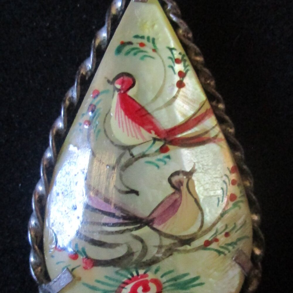 Vtg Persian Hand-Painted Mother of Pearl Teardrop Two Sided Pendant 1.5" x .75"